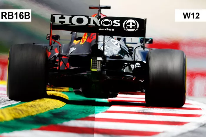 Comparación del alerón trasero Red Bull Racing RB16B, Mercedes W12