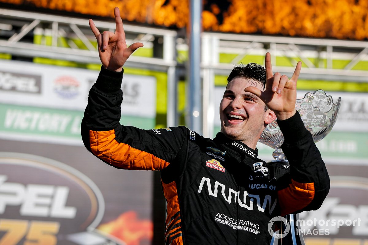 Patricio O'Ward, Arrow McLaren SP Chevrolet celebra la victoria en la XPEL 375