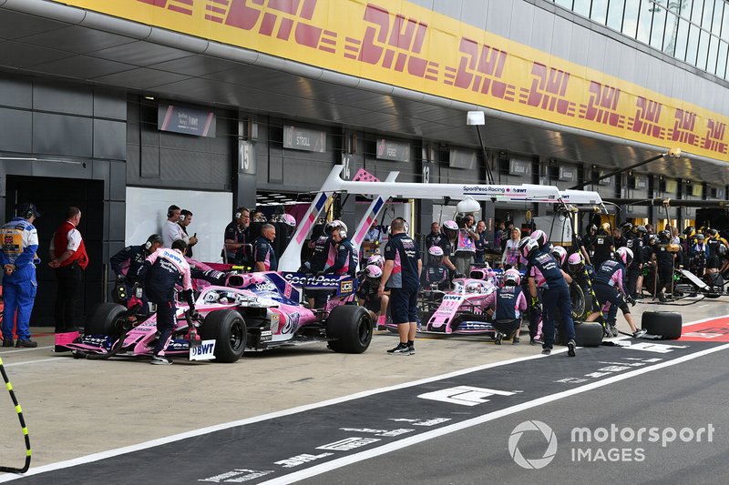 Lance Stroll, Racing Point RP19, Sergio Pérez, Racing Point RP19 en pits