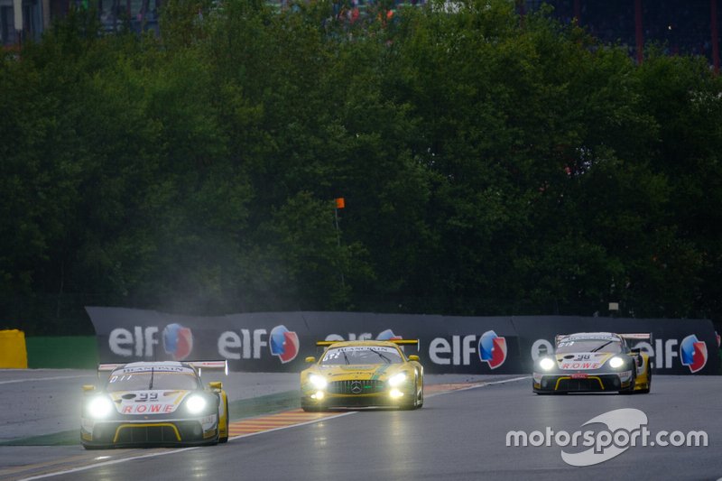 #99 ROWE Racing Porsche 911 GT3 R: Dennis Olsen, Dirk Werner, Matt Campbell, #999 GruppeM Racing Team Mercedes-AMG GT3: Maximilian Buhk, Maximilian Götz, Lucas Auer