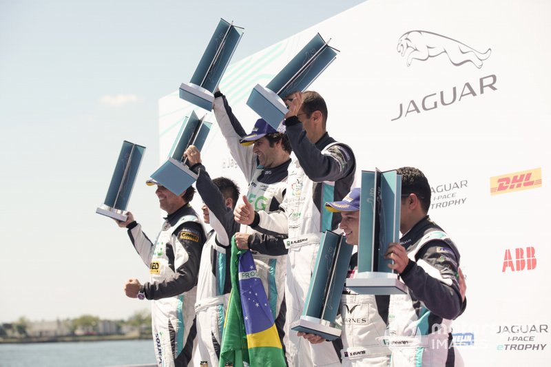 The PRO podium: Race winner Sérgio Jimenez, Jaguar Brazil Racing, Cacá Bueno, Jaguar Brazil Racing, 2nd position, Simon Evans, Team Asia New Zealand, 3rd position stand with the PRO AM podium: Race winner Bandar Alesayi, Saudi Racing, Yaqi Zhang, Team Chin, 2nd position, Ahmed Bin Khanen, Saudi Racing, 3rd position