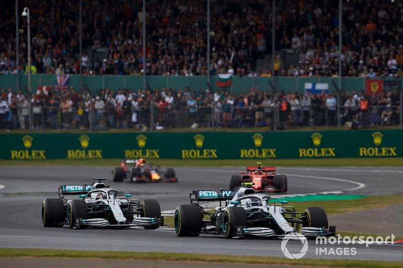 Valtteri Bottas, Mercedes AMG W10, leads Lewis Hamilton, Mercedes AMG F1 W10