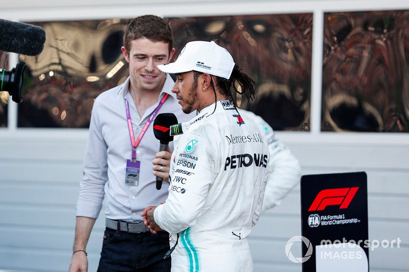Race winner Lewis Hamilton, Mercedes AMG F1, celebrates in parc ferme and talks to Paul di Resta