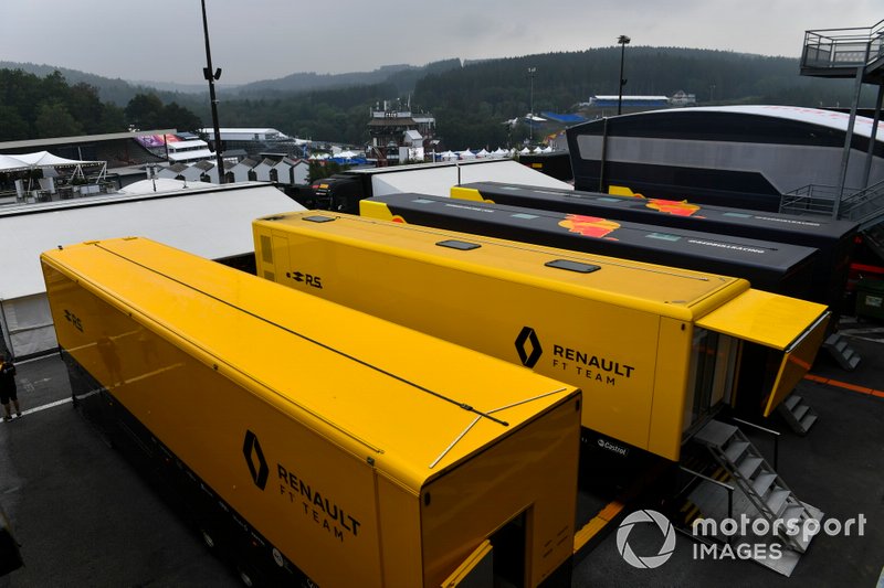 Renault and Red Bull motorhomes and transporters in the paddock