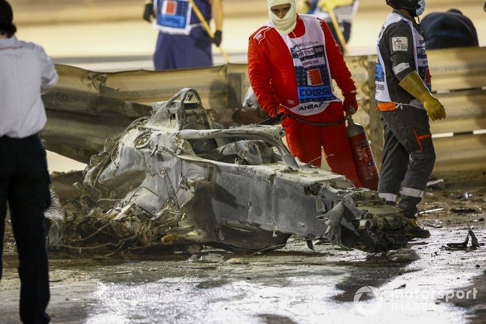 Wreckage of the car of Romain Grosjean, Haas VF-20, after his huge crash