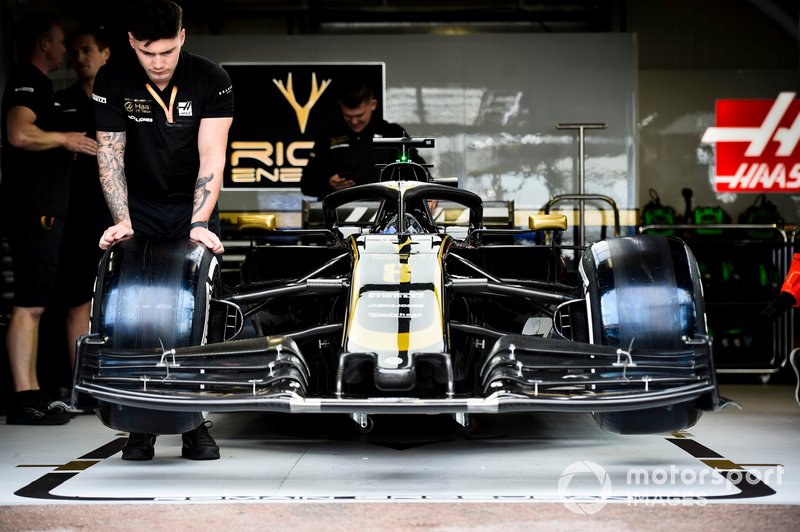 Car of Romain Grosjean, Haas F1 Team VF-19 in the garage
