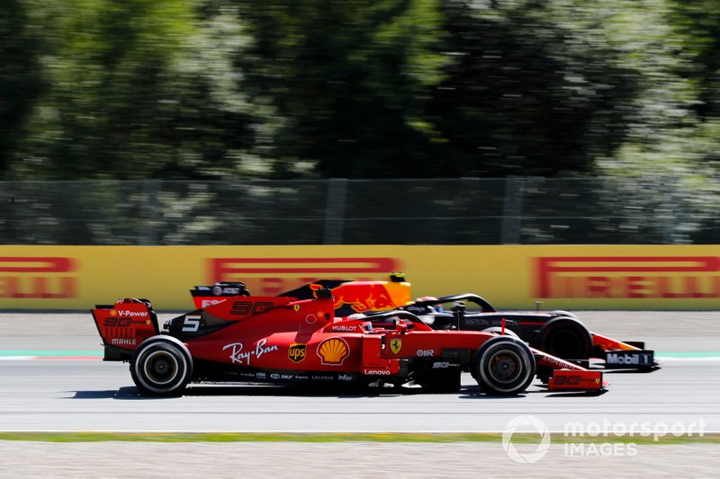 Charles Leclerc, Ferrari SF90 and Max Verstappen, Red Bull Racing RB15 battle 