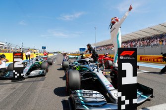 Lewis Hamilton, Mercedes AMG F1 W10, celebrates after taking Pole Position