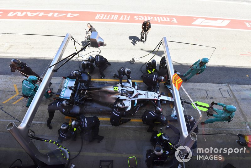 Valtteri Bottas, Mercedes AMG W10, makes a pit stop
