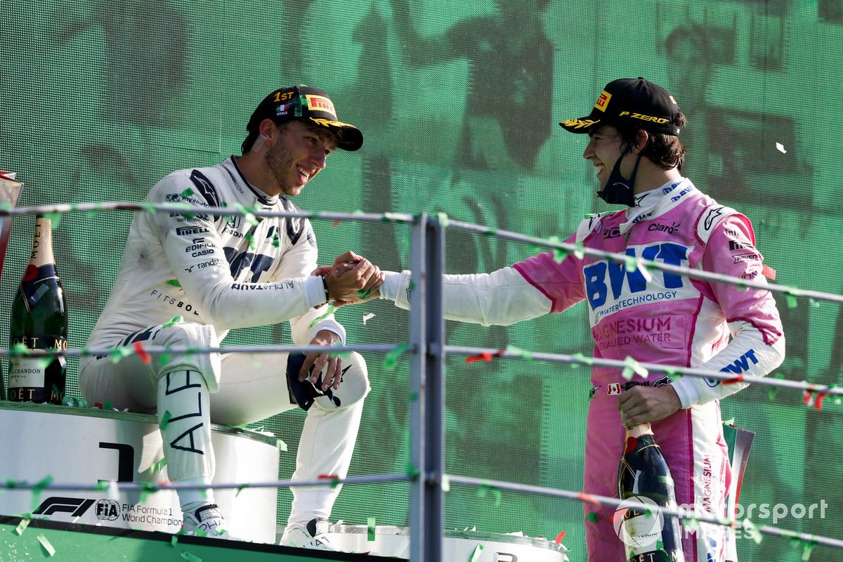 Podio: ganador Pierre Gasly, AlphaTauri, y tercer lugar Lance Stroll, Racing Point