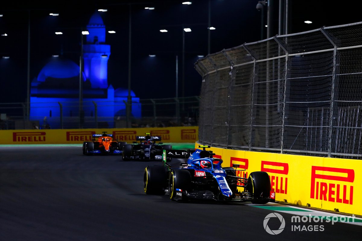 Esteban Ocon, Alpine A521, Pierre Gasly, AlphaTauri AT02, and Daniel Ricciardo, McLaren MCL35M