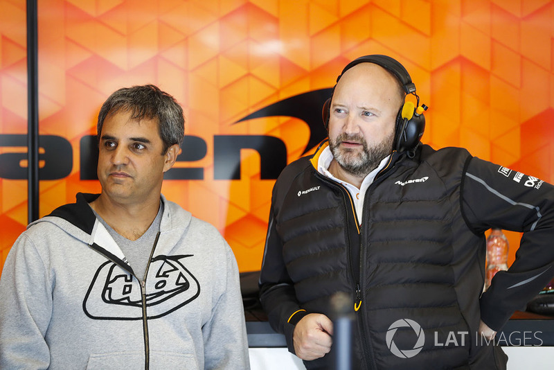 Juan Pablo Montoya visits the McLaren garage