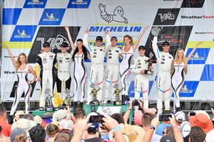 #25 BMW Team RLL BMW M8, GTLM - Alexander Sims, Connor de Phillippi, #3 Corvette Racing Chevrolet Corvette C7.R, GTLM - Antonio Garcia, Jan Magnussen, #24 BMW Team RLL BMW M8 GTLM - John Edwards, Jesse Krohn celebrate the win on the podium