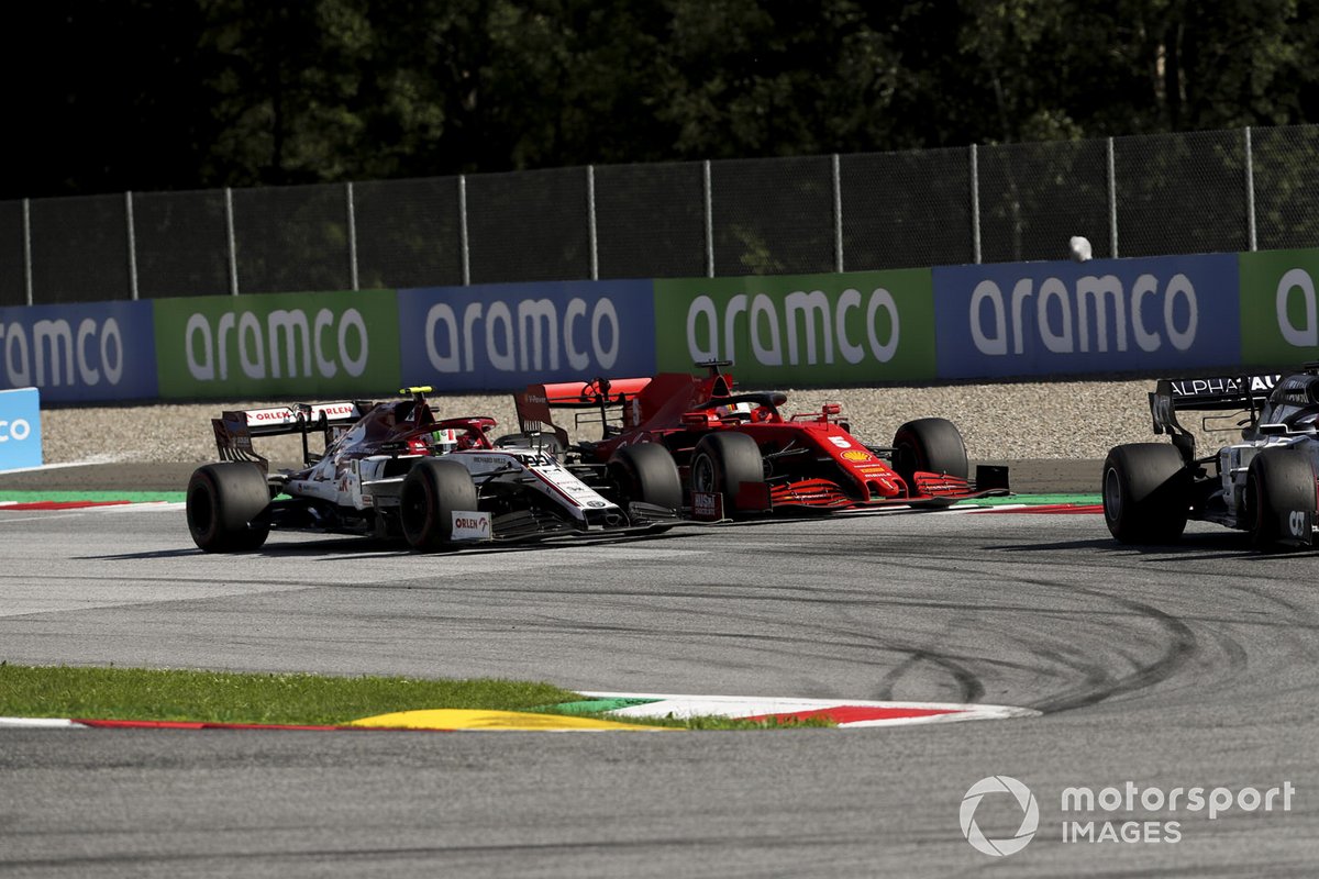 Sebastian Vettel, Ferrari SF1000, battles with Antonio Giovinazzi, Alfa Romeo Racing C39
