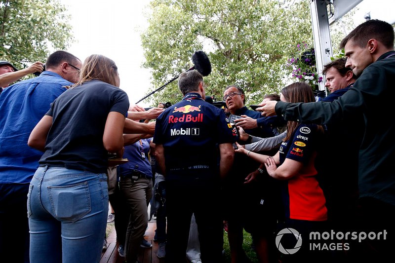 Christian Horner, Team Principal, Red Bull Racing talks to the press