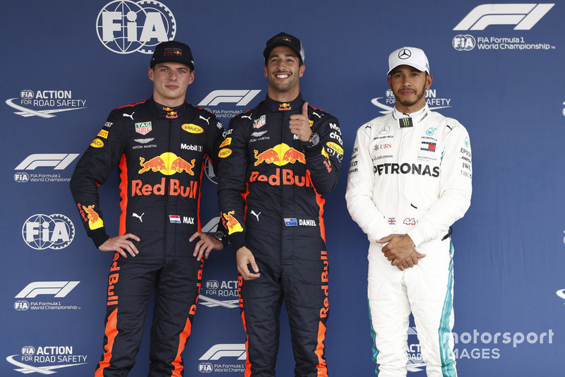 Top three Qualifiers, second placed Max Verstappen, Red Bull Racing, pole man Daniel Ricciardo, Red Bull Racing, and Lewis Hamilton, Mercedes AMG F1