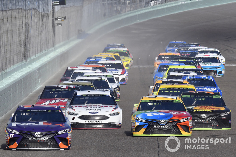 Denny Hamlin, Joe Gibbs Racing, Toyota Camry FedEx Express, Kyle Busch, Joe Gibbs Racing, Toyota Camry M&M's, Brad Keselowski, Team Penske, Ford Fusion Discount Tire, Martin Truex Jr., Furniture Row Racing, Toyota Camry Bass Pro Shops/5-hour ENERGY