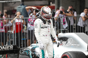 Lewis Hamilton, Mercedes AMG F1, celebrates pole position in parc ferme