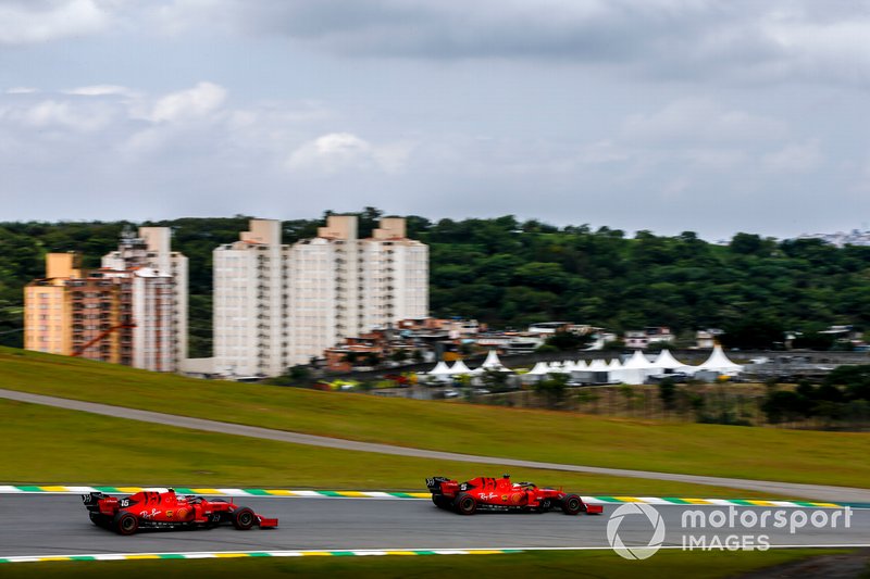 Sebastian Vettel, Ferrari SF90 leads Charles Leclerc, Ferrari SF90