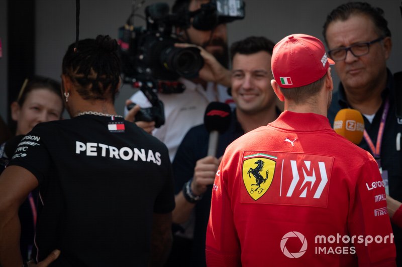 Lewis Hamilton, Mercedes AMG F1 and Sebastian Vettel, Ferrari talk to the media