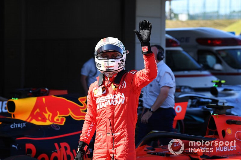 Sebastian Vettel, Ferrari, celebrates pole in Parc Ferme