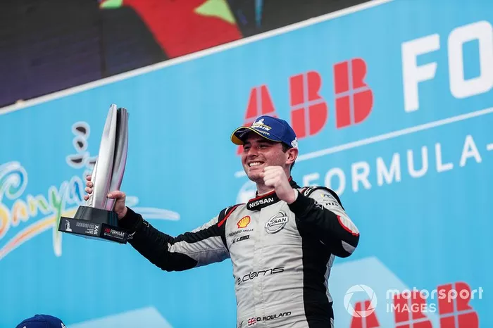 Oliver Rowland, Nissan e.Dams, celebrates his maiden Formula E podium finish