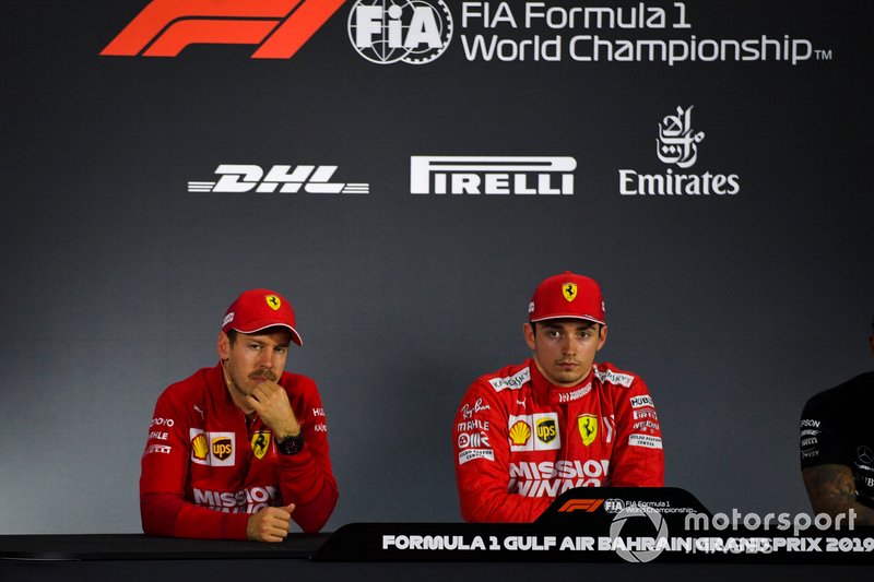 Sebastian Vettel, Ferrari, and Charles Leclerc, Ferrari, in the post Qualifying Press Conference
