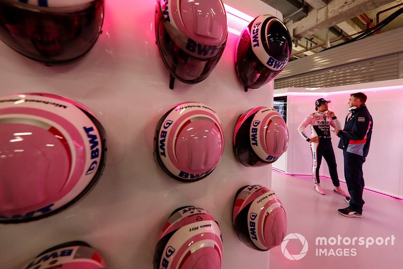 Pit crew helmets and Lance Stroll, Racing Point