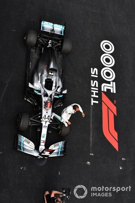 Lewis Hamilton, Mercedes AMG F1 W10, 1st position, celebrates on arrival in Parc Ferme