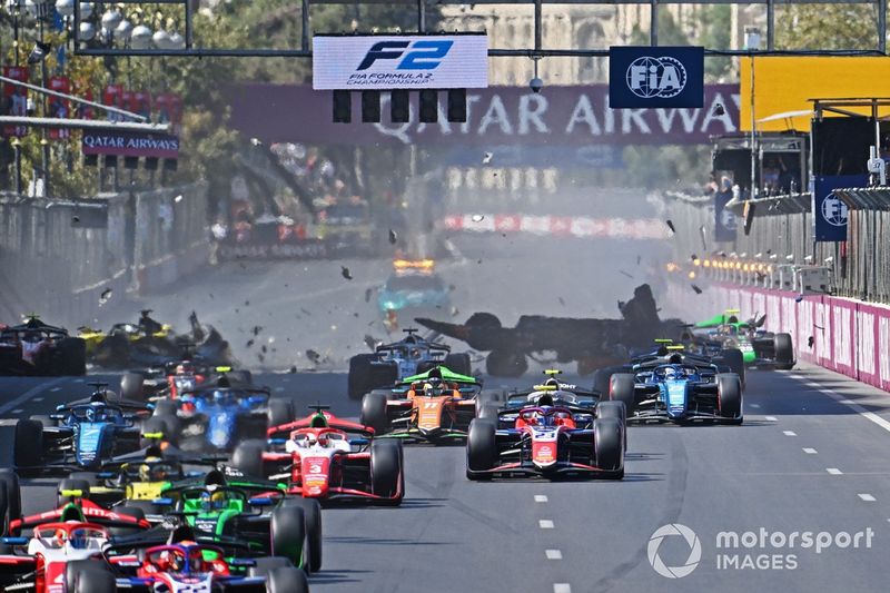The car of Pepe Marti, Campos Racing is launched into the air following a collision with Kush Maini, Invicta Racing