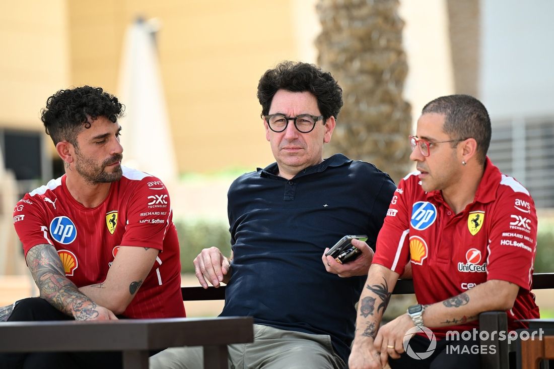 Mattia Binotto, COO and CTO, Stake F1 Team KICK Sauber talks with team Ferrari team members