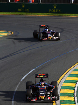 Carlos Sainz Jr., Scuderia Toro Rosso STR11 leads team mate Max Verstappen, Scuderia Toro Rosso STR1