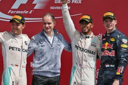 The podium (L to R): Nico Rosberg, Mercedes AMG F1, second; Lewis Hamilton, Mercedes AMG F1, race winner; Max Verstappen, Red Bull Racing, third