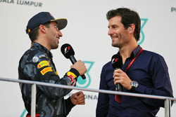 (L to R): Race winner Daniel Ricciardo, Red Bull Racing on the podium with Mark Webber, Porsche Team