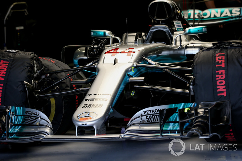 The car of Lewis Hamilton, Mercedes-Benz F1 W08 in the garage