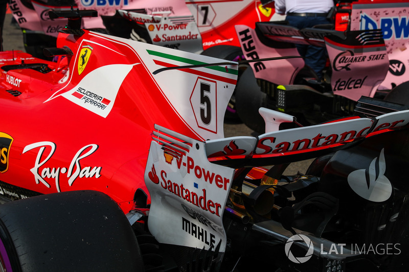 The rear wing detail of Sebastian Vettel, Ferrari SF70H in parc ferme