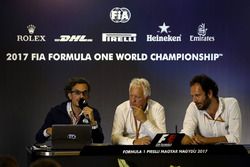 Laurent Mekies, FIA Safety Director, Charlie Whiting, FIA Delegate and Matteo Bonciani, FIA Media Delegate in the Press Conference for the Halo device