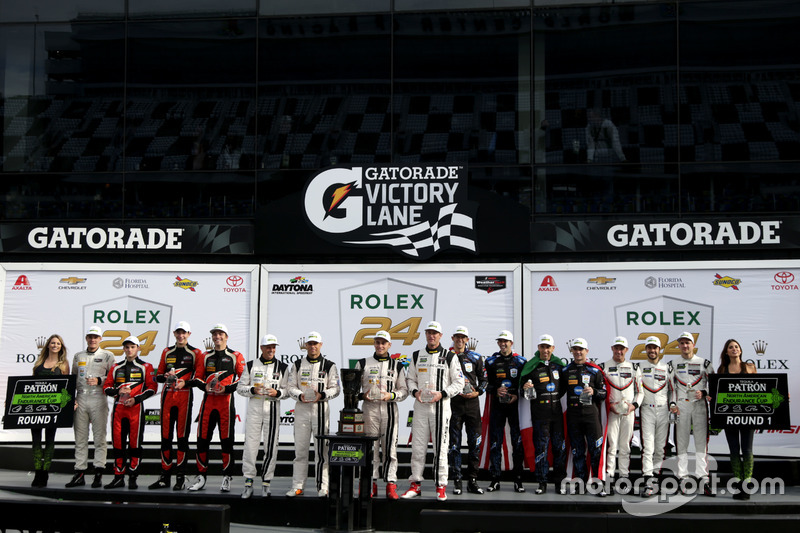 Podium Endurance Cup: #10 Wayne Taylor Racing Cadillac DPi: Ricky Taylor, Jordan Taylor, Max Angelelli, Jeff Gordon; #911 Porsche Team North America Porsche 911 RSR: Patrick Pilet, Dirk Werner, Frédéric Makowiecki; #86 Michael Shank Racing Acura NSX: Oswal