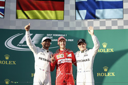 Lewis Hamilton, Mercedes AMG, 2nd Position, Sebastian Vettel, Ferrari, 1st Position, and Valtteri Bottas, Mercedes AMG, 3rd Position, on the podium