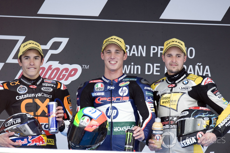 Podium : deuxième place pour Marc Marquez, victoire pour Pol Espargaro, troisième place pour Thomas Luthi