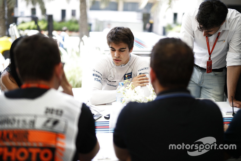 Lance Stroll, Williams, talks to the media