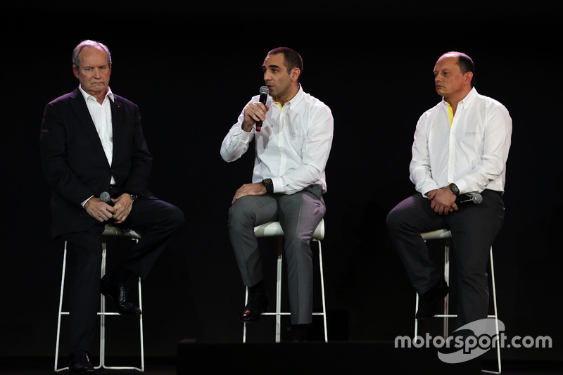 (L to R): Jerome Stoll, Renault Sport F1 President with Cyril Abiteboul, Renault Sport F1 Managing Director and Frederic Vasseur, Renault F1 Team Racing Director