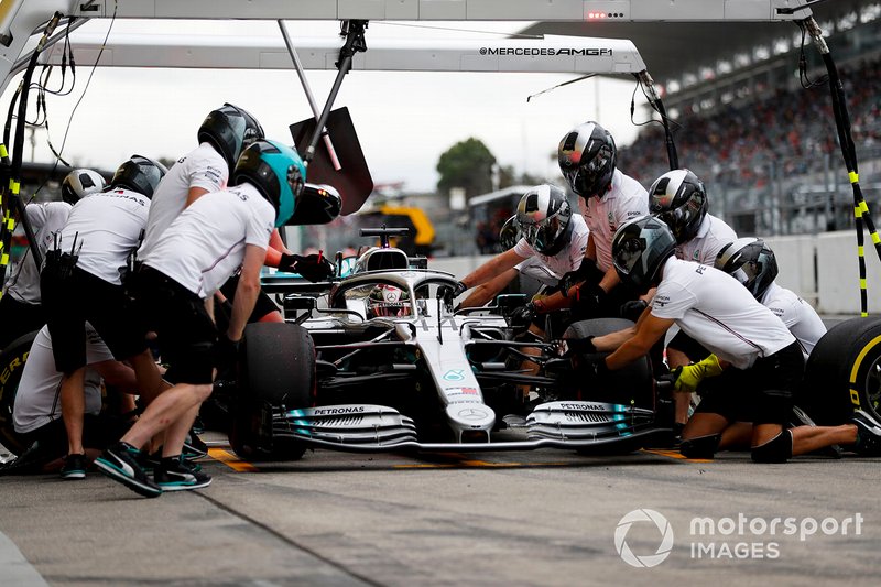 Lewis Hamilton, Mercedes AMG F1 W10, makes a stop during practice