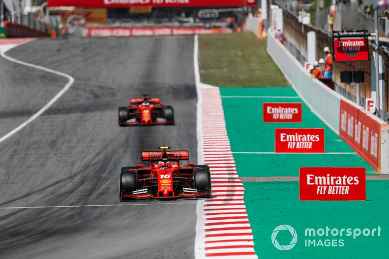 Charles Leclerc, Ferrari SF90, leads Sebastian Vettel, Ferrari SF90