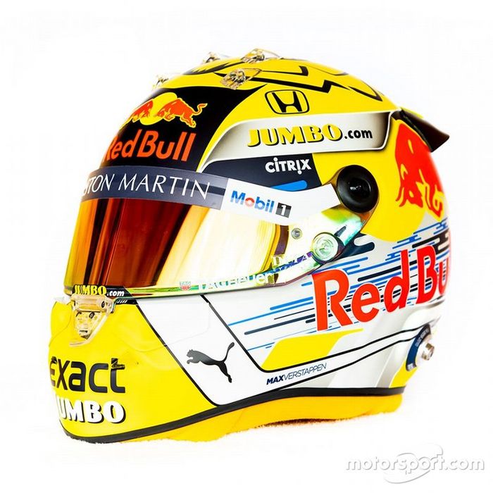 El casco de Max Verstappen, Red Bull Racing RB15, para el GP de Austria