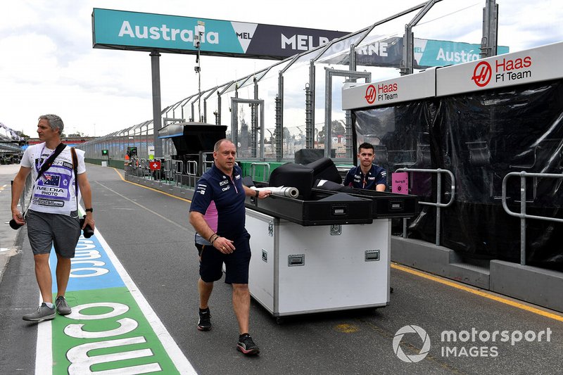 Racing Point personnel pack away equipment