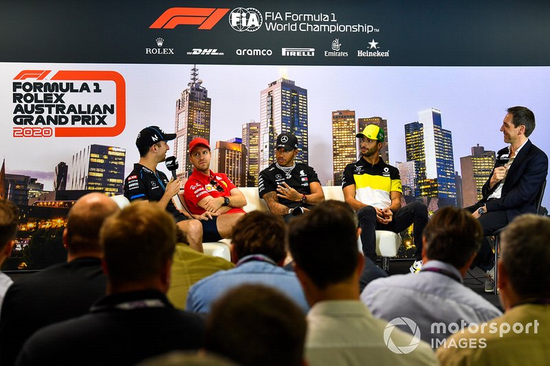 Nicholas Latifi, Williams Racing, Sebastian Vettel, Ferrari, Lewis Hamilton, Mercedes-AMG Petronas F1,  and Daniel Ricciardo, Renault F1 in the press conference 