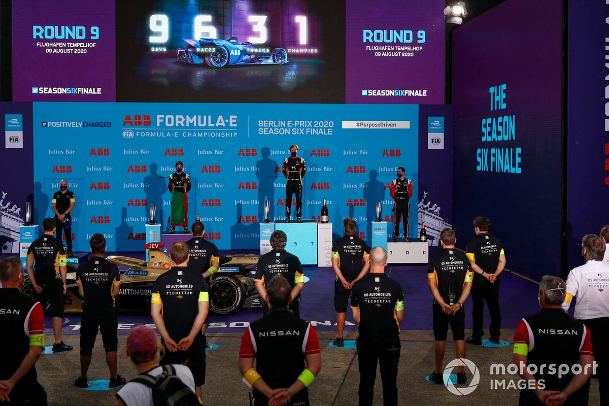 Podio: segundo lugar Antonio Félix da Costa, DS Techeetah, ganador de la carrera Jean-Eric Vergne, DS Techeetah, y el tercer lugar Sébastien Buemi, Nissan e.Dams