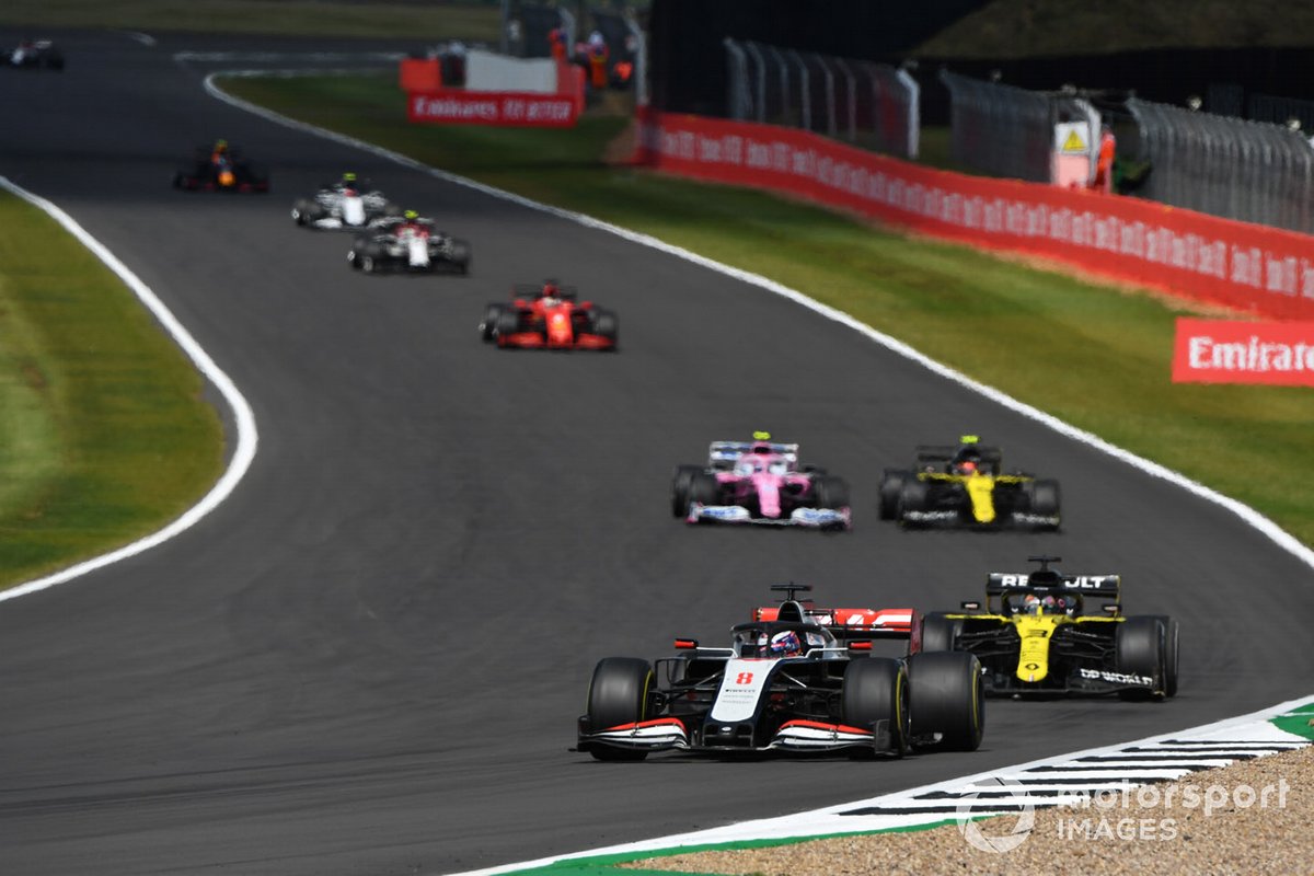 Romain Grosjean, Haas VF-20, Daniel Ricciardo, Renault F1 Team R.S.20, Esteban Ocon, Renault F1 Team R.S.20, and Lance Stroll, Racing Point RP20