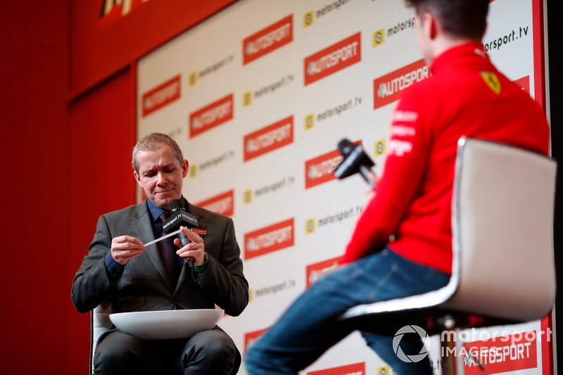 Presenter Stuart Codling reads a question to Charles Leclerc, Ferrari during the fan Q&A